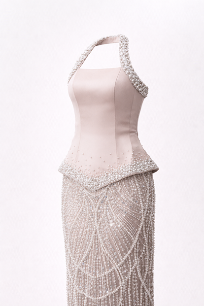 Abito da sera color cappuccino con scollo all'americana e dettagli in perle